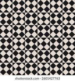 Seamless black and white half square triangle pattern. Repeated and decorative design that can be used for packaging, decorating, interior design, textiles and more.