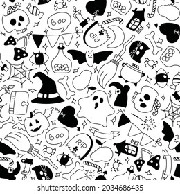 Seamless black and white halloween pattern on white background. Halloween Happy holiday. Vector illustration.