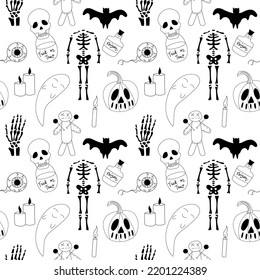 Seamless black and white Halloween pattern. Drawing, sketch by hand.