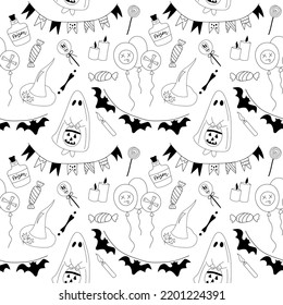 Seamless black and white Halloween pattern. Drawing, sketch by hand.