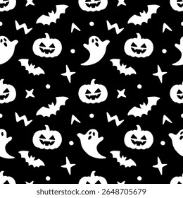 Padrão de Halloween preto e branco contínuo com elementos lúdicos dispersos como fantasmas, abóboras, morcegos e estrelas. Design minimalista assustador, mas divertido, perfeito para decoração de férias, tecidos e fundos