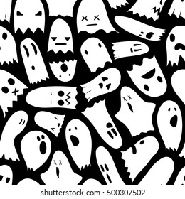 Seamless black and white Halloween pattern, hand-drawn ghosts pattern with funny expressions, halloween characters in cartoons style, EPS 8