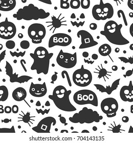 Seamless black and white Halloween pattern. Cute pumpking, ghost, cat, spider, hat, skull