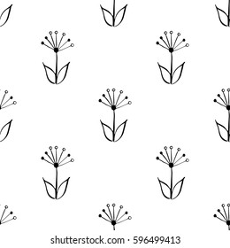 Seamless black and white hand drawn, doodle, floral vector pattern for background, backdrop. Scandinavian, ethnic style for wrapping, textile, print. Flowers and plants illustration eps 10.