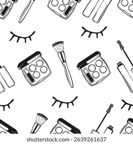 Seamless black and white hand-drawn illustration of eye makeup products. Cosmetic and beauty pattern