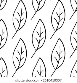 Seamless black and white hand-drawn leaf pattern featuring various leaf shapes in a minimalist doodle style, perfect for coloring pages, fabric prints, eco designs, stationery, and backgrounds