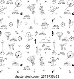 A seamless black and white hand-drawn pattern featuring Chinese New Year elements, including lanterns, fireworks, fans, bonsai, and festive decorations.