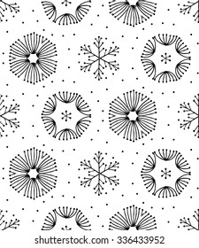 Seamless black and white hand-drawn pattern, snowflakes 