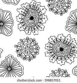 Seamless black and white hand-drawn pattern with flowers. Ornate zentangle texture with abstract flowers. Seamless pattern,abstract illustrtion. Made by trace from sketch. Ink pen. Adult coloring book
