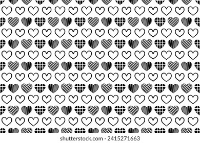 Seamless black and white heart pattern. Cute decorative wallpaper with heart illustrations, endless repeating love, Valentine pattern.