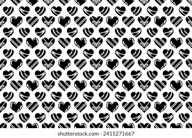 Seamless black and white heart pattern. Cute decorative wallpaper with heart illustrations, endless repeating love, Valentine pattern.