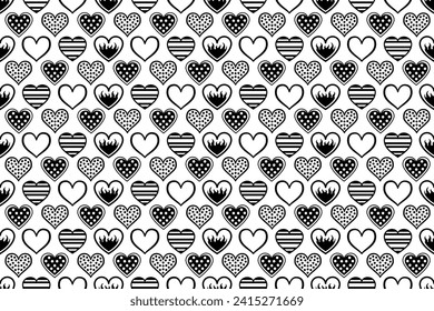 Seamless black and white heart pattern. Cute decorative wallpaper with heart illustrations, endless repeating love, Valentine pattern.