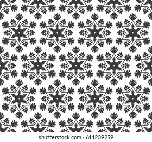 Seamless black and white hexagonal floral circular geometric pattern vector