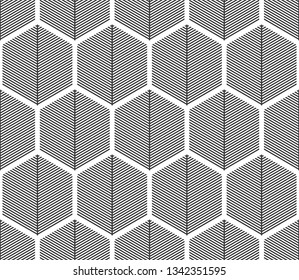 Seamless black and white hexagonal isometric geometric stripes pattern vector