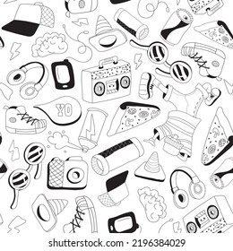 Seamless black and white hip hop pattern. Funny sunglasses, tape recorder, pizza, drink, earphones, camera, sneakers, graffiti spray, kalonka, cap, etc. Vector illustration.