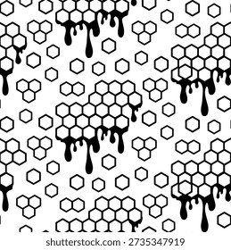 Seamless black and white honeycomb pattern with dripping shapes. Geometric hexagons combined with fluid drops create a bold graphic contrast and modern decorative texture.
