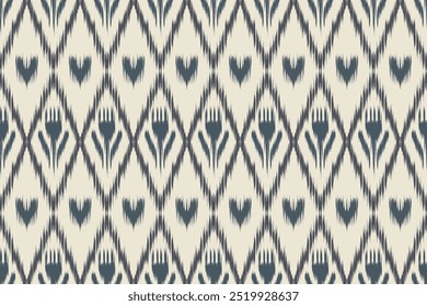 Seamless black and white ikat pattern featuring geometric hearts and floral motifs. Traditional textile design perfect for fabrics, wallpapers and fashion prints with ethnic art details.