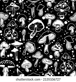 seamless black and white illustration with various stylized mushrooms