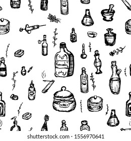 Seamless black and white ink sketch pattern of natural remedies and apothecary tools vector