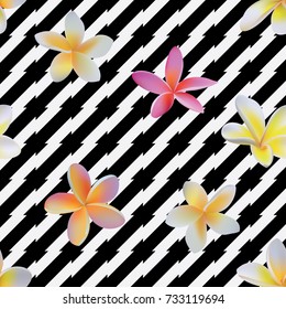 Seamless black and white irregular spiky stripes pattern with tropical flowers vector