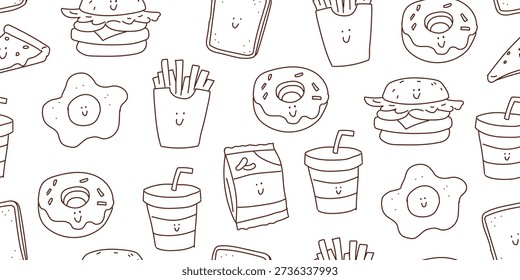 Seamless black and white junk food doodle pattern for kids