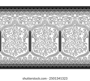 Patrón de cachemir blanco y negro sin costuras. Serpientes, pájaros y Elementos de plantas.