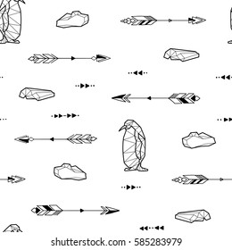 Seamless black and white kids tribal vector pattern with penguins and arrows.