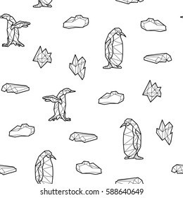 Seamless black and white kids tribal vector pattern with penguins and ice floes.