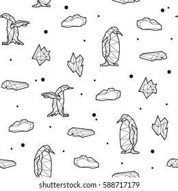 Seamless black and white kids tribal vector pattern with penguins and ice floes.
