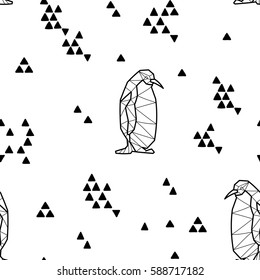 Seamless black and white kids tribal vector pattern with penguins and triangles.