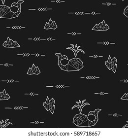 Seamless black and white kids tribal vector pattern with whales and arrows.