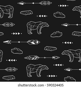 Seamless black and white kids tribal vector pattern with polar bears and arrows.
