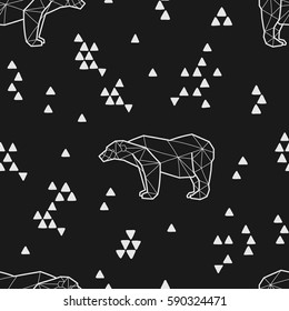 Seamless black and white kids tribal vector pattern with polar bears and triangles.