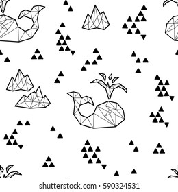 Seamless black and white kids tribal vector pattern with whales and triangles.