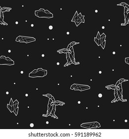 Seamless black and white kids tribal vector pattern with penguins and ice floes.