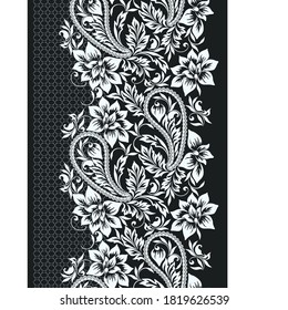  Seamless black and white lace border. Paisley floral and herbal  ethnic ornament. Vector print. Use for wallpaper, pattern fills,textile design.