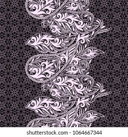 Seamless black and white lace pattern with paisley and flowers. Traditional ethnic ornament. Vector print. Use for wallpaper, pattern fills,textile design.