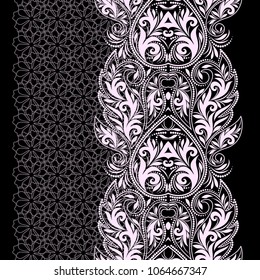 Seamless black and white lace pattern with paisley and flowers. Traditional ethnic ornament. Vector print. Use for wallpaper, pattern fills,textile design.