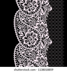 Seamless black and white lace pattern with paisley and flowers. Traditional ethnic ornament. Vector print. Use for wallpaper, pattern fills,textile design.