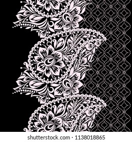 Seamless black and white lace pattern with paisley and flowers. Traditional ethnic ornament. Vector print. Use for wallpaper, pattern fills,textile design.