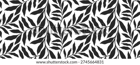 Seamless black and white leaf pattern with bold botanical silhouettes. Modern repeating foliage design creates a striking natural background. Perfect for fabric, wallpaper, packaging, and contemporary surface 
