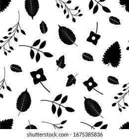 Seamless Black and White Leafs and flower pattern
