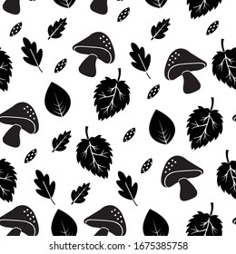 Seamless Black and White Leafy Mushrooms Pattern