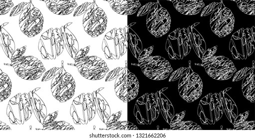 The seamless black and white lemon  pattern with lines. The creative monochrome hand drawn background for your design. Textile, blog decoration, banner, poster, wrapping pape