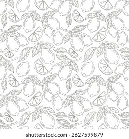 Seamless black and white lemon pattern with slices and leaves. Line art style. Perfect for packaging, wrapping paper, textiles, and backgrounds.