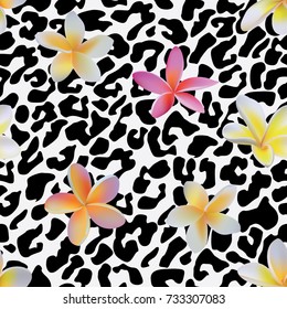 Seamless black and white leopard print tileable animal pattern with tropical flowers vector