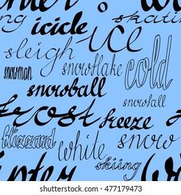 Seamless black and white lettering pattern for background, print. Words about winter time