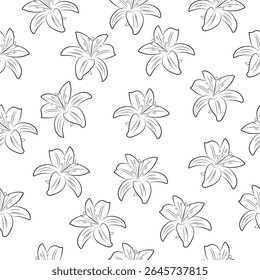 Seamless black and white lily flower pattern. Elegant hand-drawn floral background featuring outlined lilies, ideal for textile design, wallpaper, packaging, and surface prints.