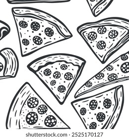 Seamless Black and White Line Art Pizza Slice Pattern. Monochrome Flat Pizza Design for Pizzeria Backgrounds and Decor, Perfect for Menu Templates and Wall Art