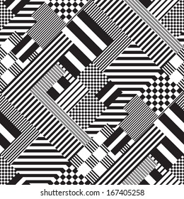 Seamless Black And White Lines Pattern. Abstract Retro Fashion Ornament. Minimal Fabric Graphic Design. Psychedelic Art Mosaic. Stripe And Square Texture